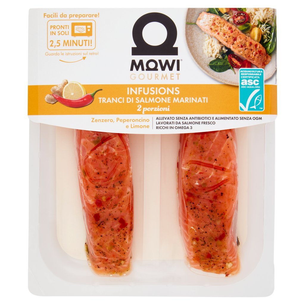 Mowi Gourmet Infusions Tranci di Salmone Marinati Zenzero, Peperoncino e Limone 2 x 110 g