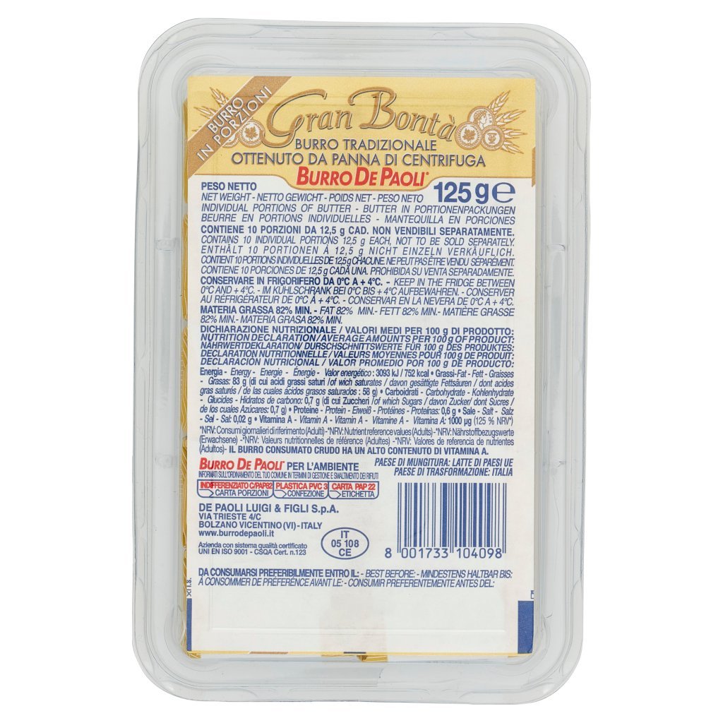 Burro De Paoli Gran Bontà Burro Tradizionale da Panna di Centrifuga 10 x 12,5 g