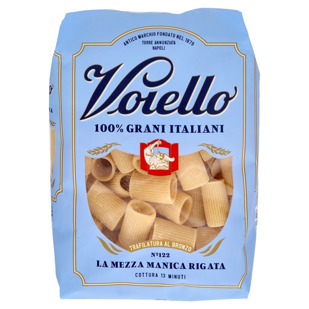 Voiello Pasta la Mezza Manica Rigata N°122 Grani 100% Italiani Trafilata Bronzo