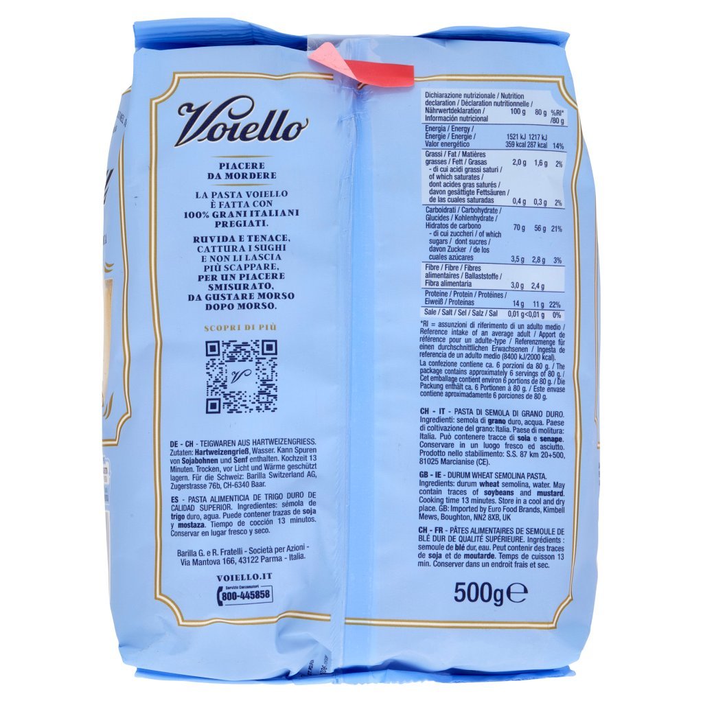 Voiello Pasta la Mezza Manica Rigata N°122 Grani 100% Italiani Trafilata Bronzo