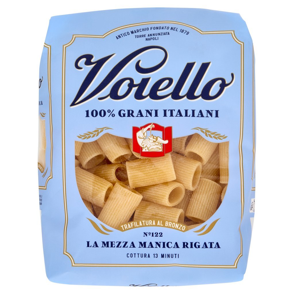 Voiello Pasta la Mezza Manica Rigata N°122 Grani 100% Italiani Trafilata Bronzo