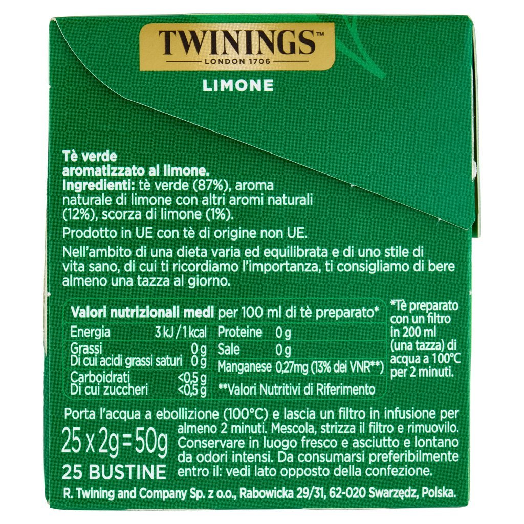 Twinings Limone Tè Verde Aromatizzato Antiossidante e Supporto Metabolismo 25 Filtri The