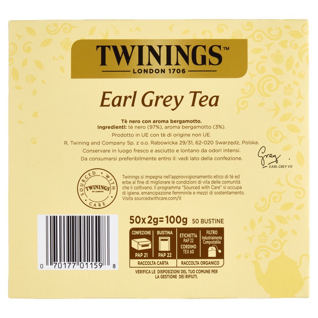 Twinings Earl Grey Tè Nero al Sapore di Bergamotto 50 Filtri The 100  g