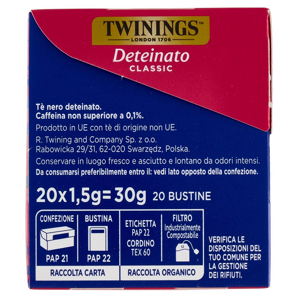 Twinings Deteinato Classic Tè Nero Deteinato 20 Filtri The