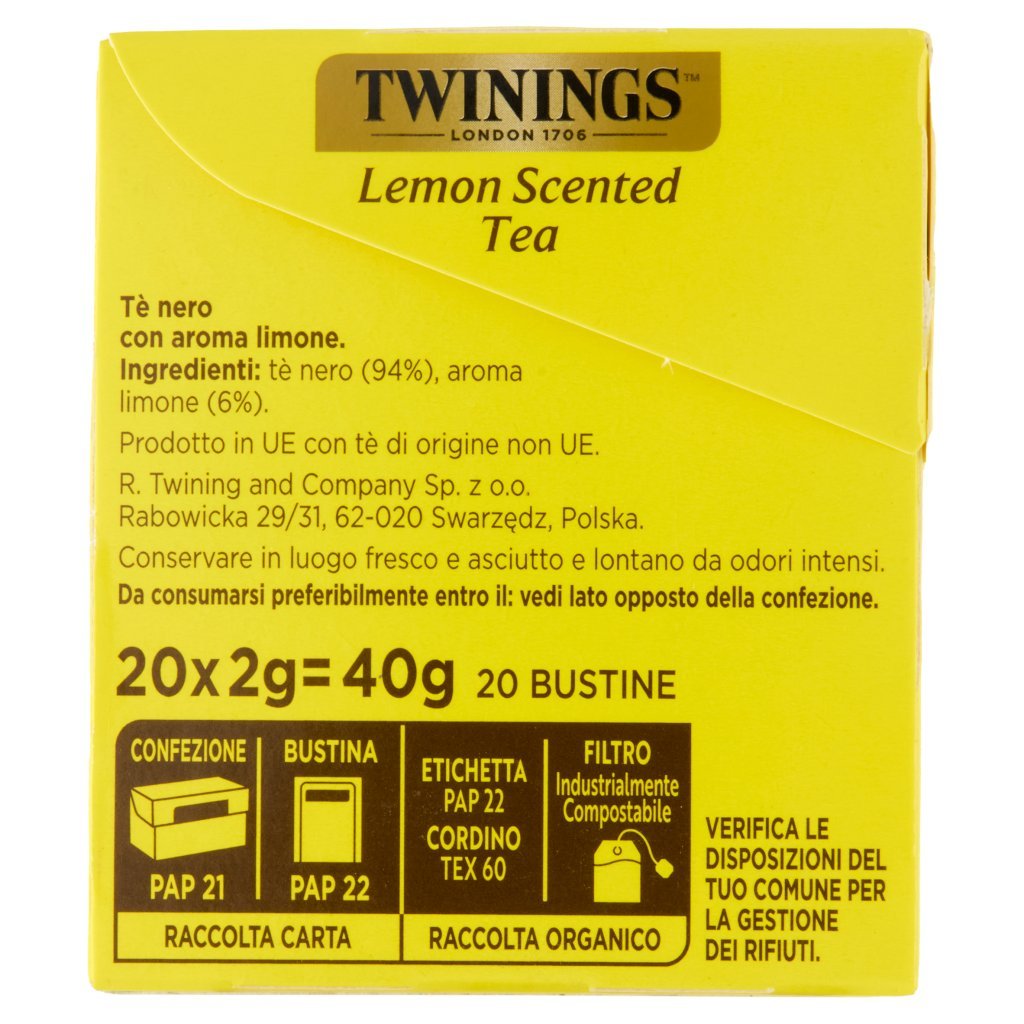 Twinings Lemon Scented Tea Tè Nero 20 Filtri The