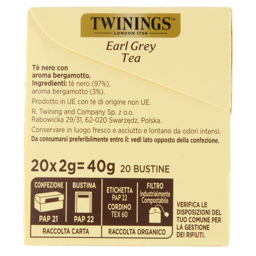 Twinings Earl Grey Tè Nero al Sapore di Bergamotto 20 Filtri The