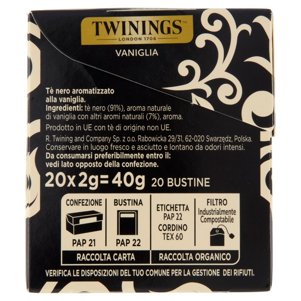 Twinings Vaniglia Tè Nero Aromatizzato 20 Filtri The