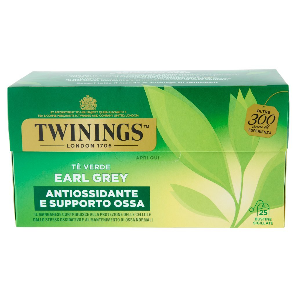 Twinings Earl Grey Tè Verde Aromatizzato Bergamotto Antiossidante e Supporto Ossa 25 Filtri The