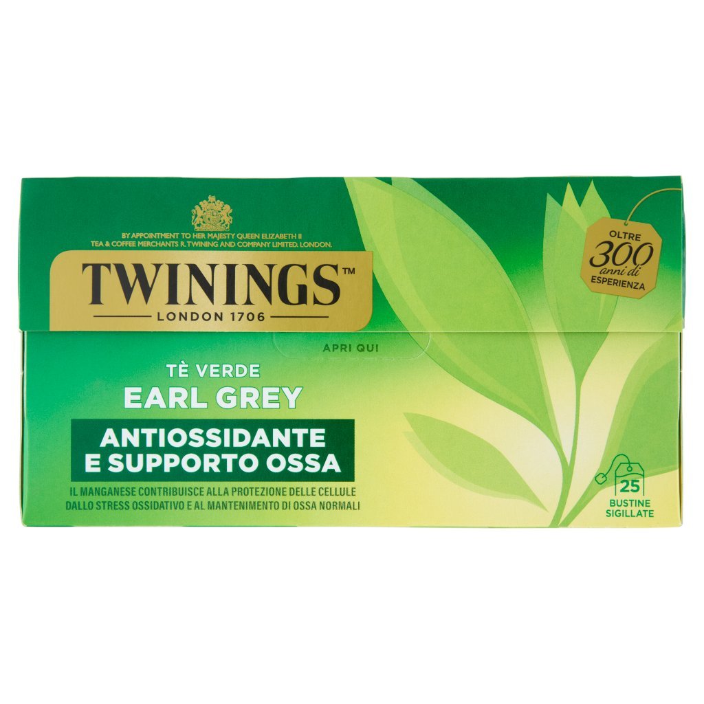 Twinings Earl Grey Tè Verde Aromatizzato Bergamotto Antiossidante e Supporto Ossa 25 Filtri The