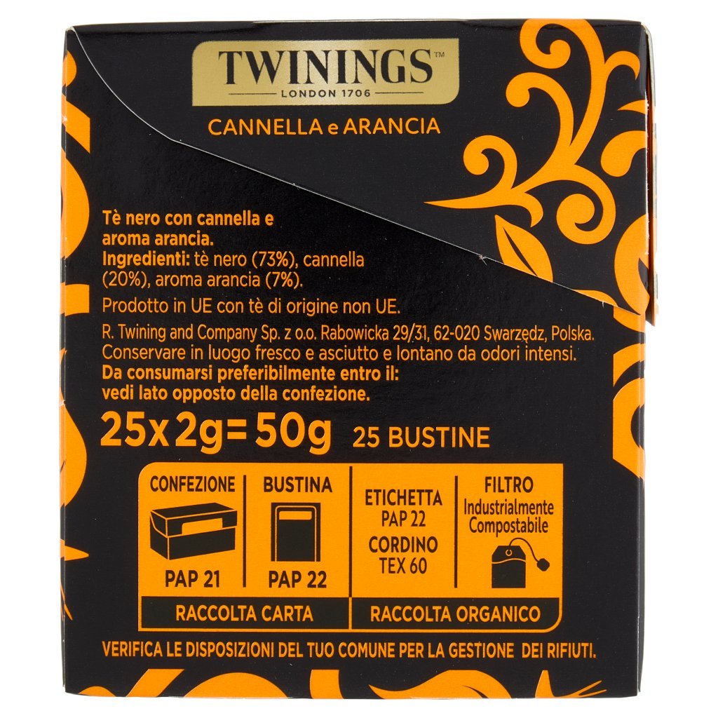 Twinings Cannella e Arancia Tè Nero Aromatizzato 25 Filtri The