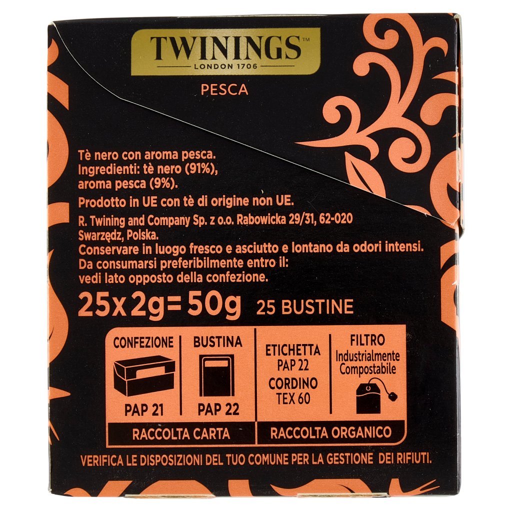 Twinings Pesca Tè Nero Aromatizzato 25 Filtri The