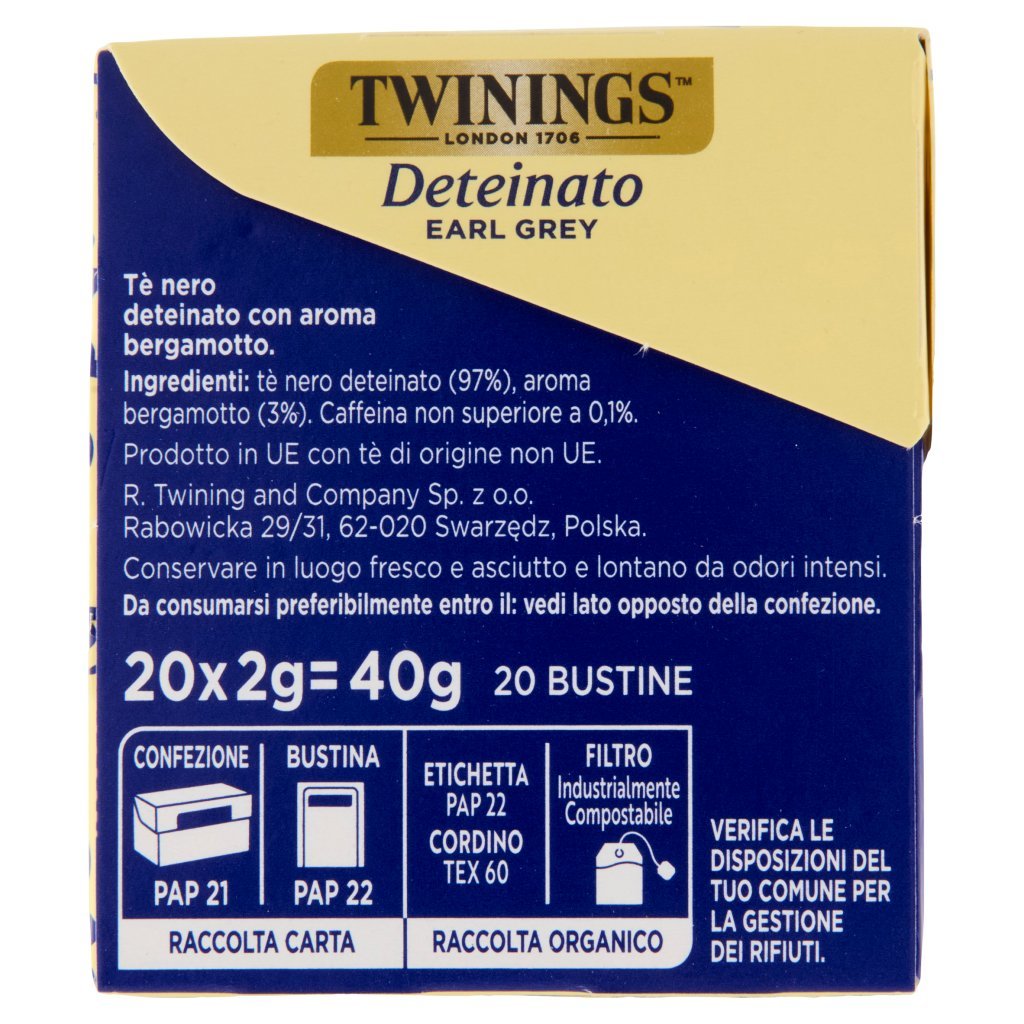 Twinings Deteinato Earl Grey Tè Nero Deteinato dal Sapore di Bergamotto 20 Filtri The