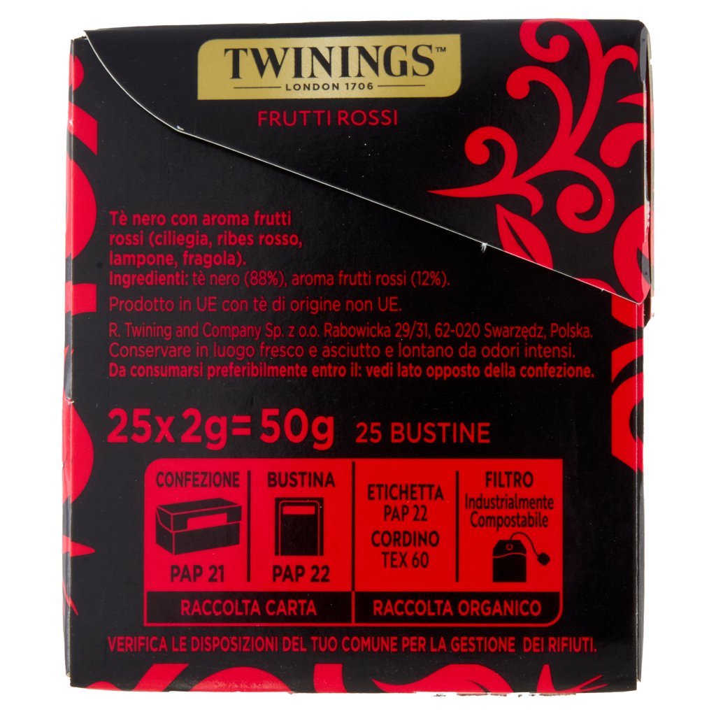 Twinings Frutti Rossi Tè Nero Aromatizzato alla Fragola, Ciliegia, Ribes Lampone 25 Filtri The