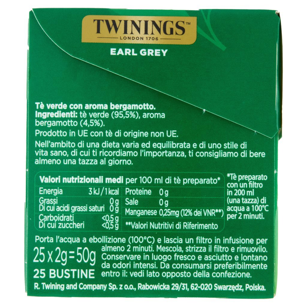 Twinings Earl Grey Tè Verde Aromatizzato Bergamotto Antiossidante e Supporto Ossa 25 Filtri The