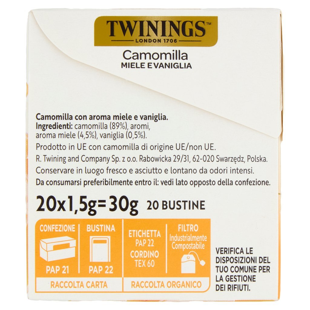 Twinings Camomilla Aromatizzata Miele e Vaniglia 20 Filtri