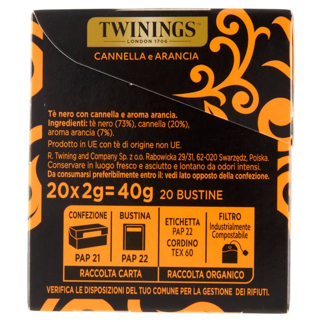 Twinings Cannella e Arancia Tè Nero Aromatizzato 20 Filtri The