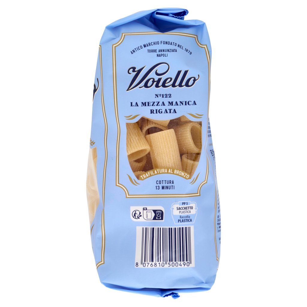 Voiello Pasta la Mezza Manica Rigata N°122 Grani 100% Italiani Trafilata Bronzo