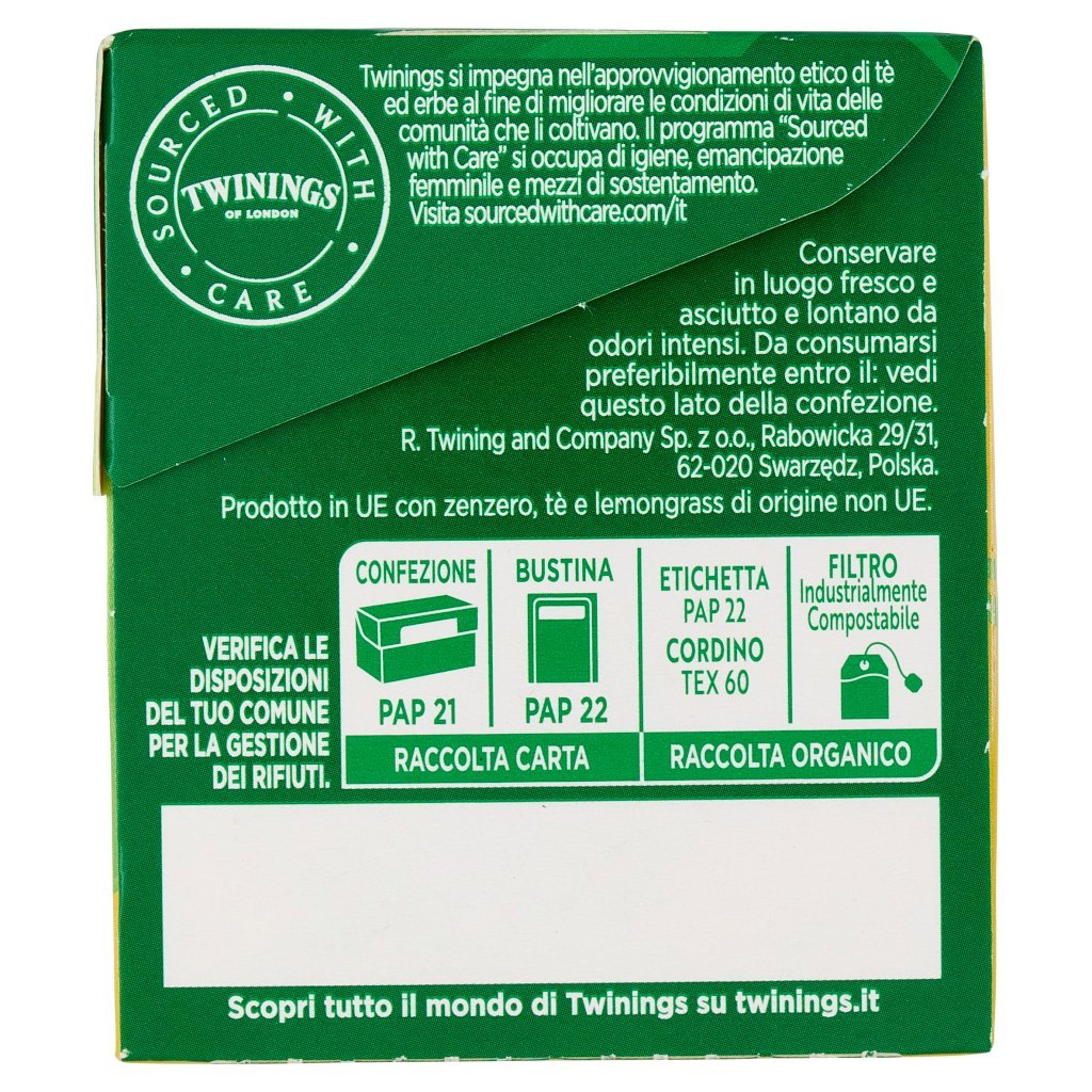 Twinings Zenzero e Lemongrass Tè Verde Aromatizzato Antiossidante e Digestivo 25 Filtri The