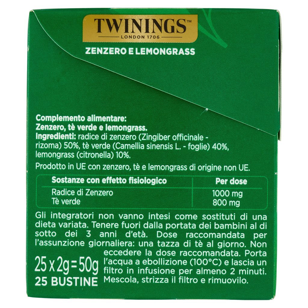 Twinings Zenzero e Lemongrass Tè Verde Aromatizzato Antiossidante e Digestivo 25 Filtri The