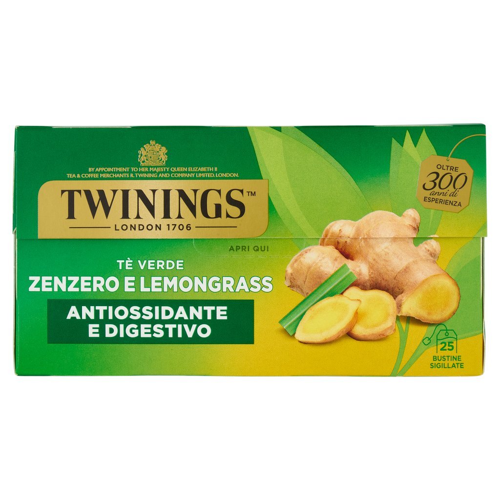 Twinings Zenzero e Lemongrass Tè Verde Aromatizzato Antiossidante e Digestivo 25 Filtri The