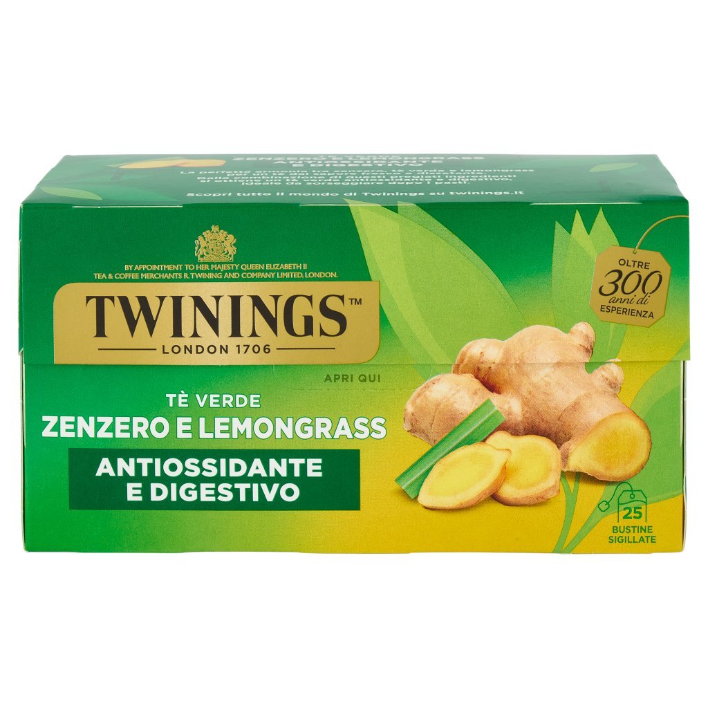 Twinings Zenzero e Lemongrass Tè Verde Aromatizzato Antiossidante e Digestivo 25 Filtri The